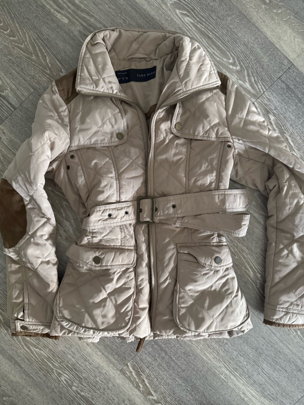 Zara Quilted Belted Utility Jacket in Light Beige